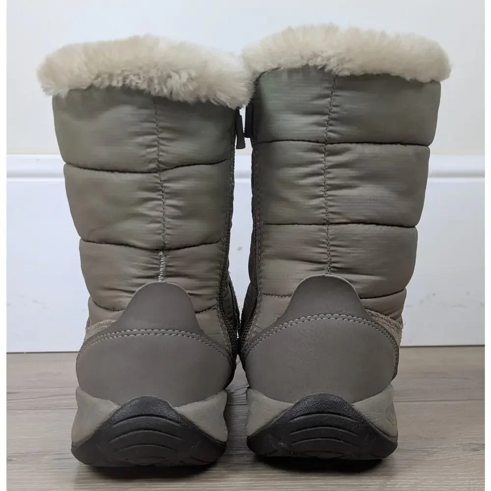 Easy Spirit Eserle Winter Boots 8.5 Taupe Suede Faux Fur Trim Side Zip Lace Up